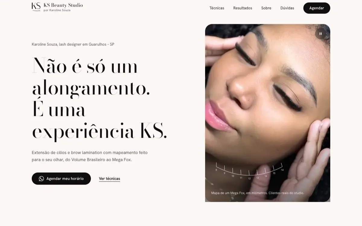 Site do KS Beauty Studio, extensão de cílios